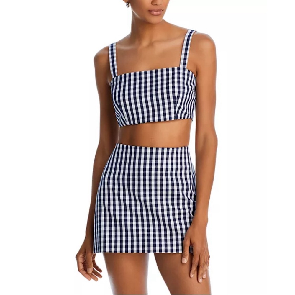 WAYF Carlotta Gingham Cropped Top Navy Blue White LARGE